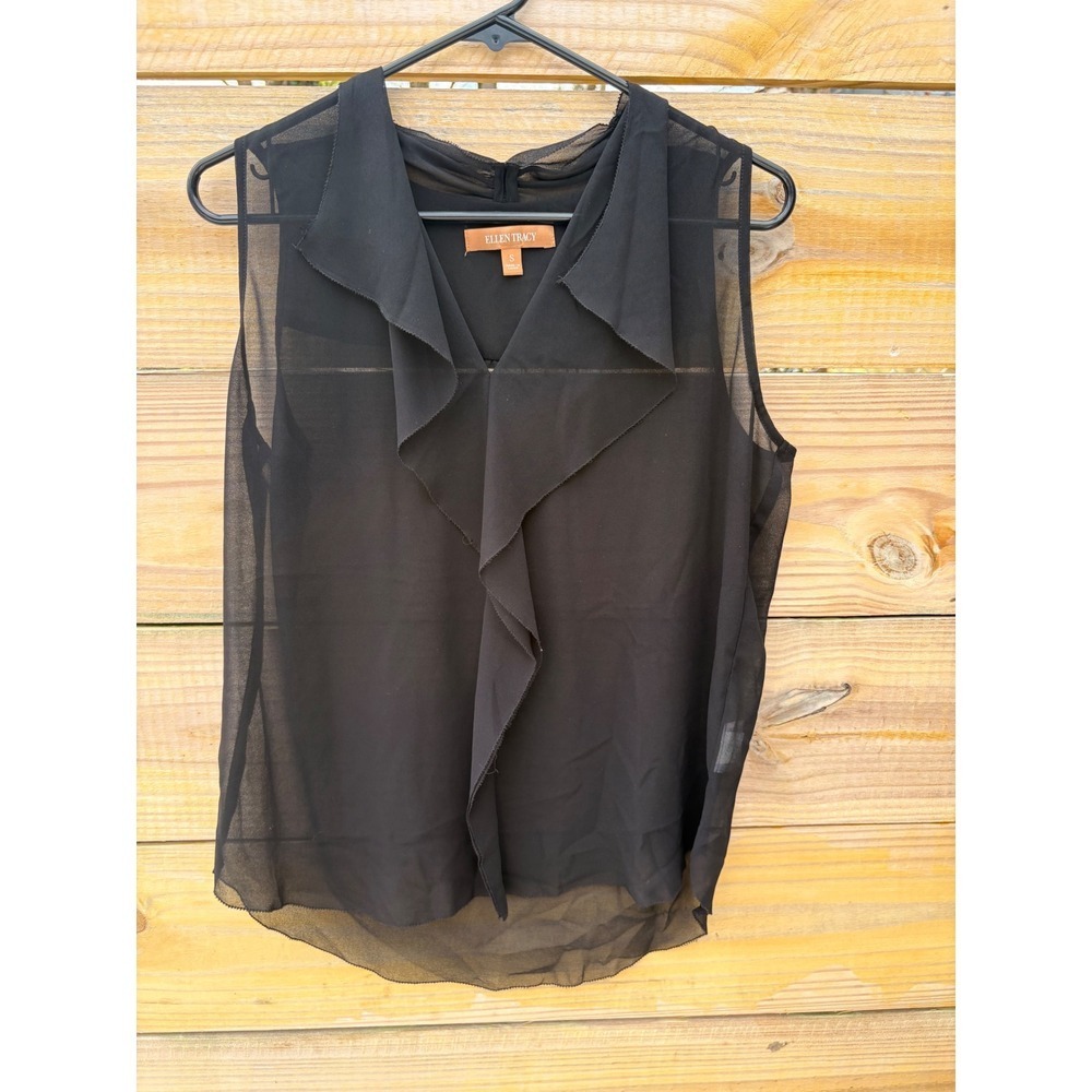 Ellen Tracy Black Sheer Ruffle V-Neck Sleeveless Chiffon Blouse Small RN125598